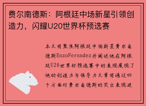 费尔南德斯：阿根廷中场新星引领创造力，闪耀U20世界杯预选赛